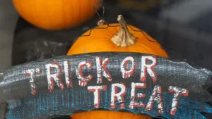 Close-up of a pumpkin featuring a decorative trick or treat sign outdoors.