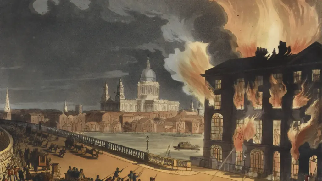 Historical painting depicting the Great Fire of London burning buildings near the river.