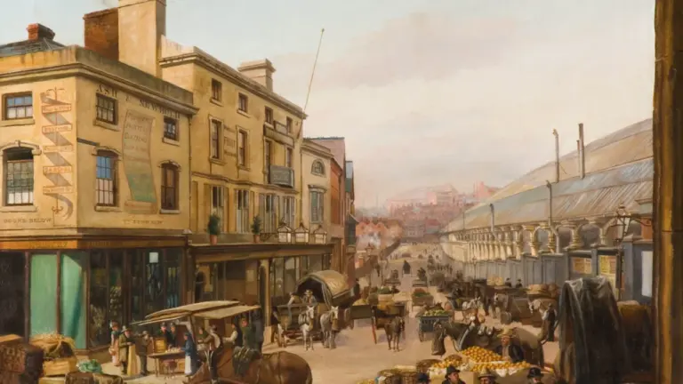 An 1883 oil painting depicting a busy Worcester Street and New Street Station, Birmingham.