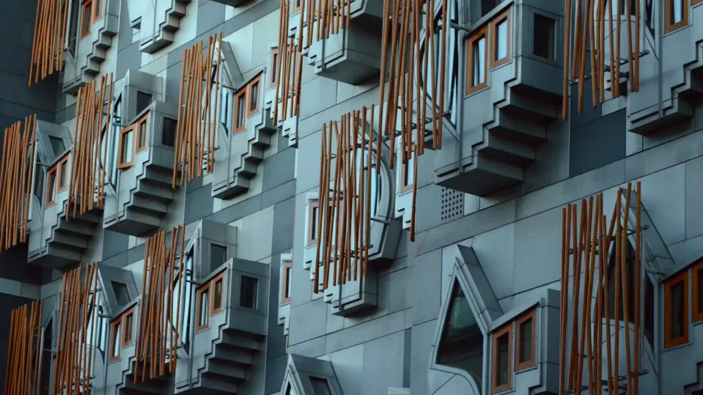 Close up architectural detail of the postmodern Scottish Parliament building facade in Edinburgh.